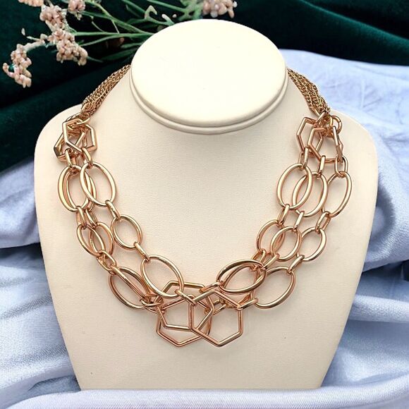 New Boutique Multi Strand Necklace Rose Gold Tone Geometric Shapes 5L - Picture 1 of 5